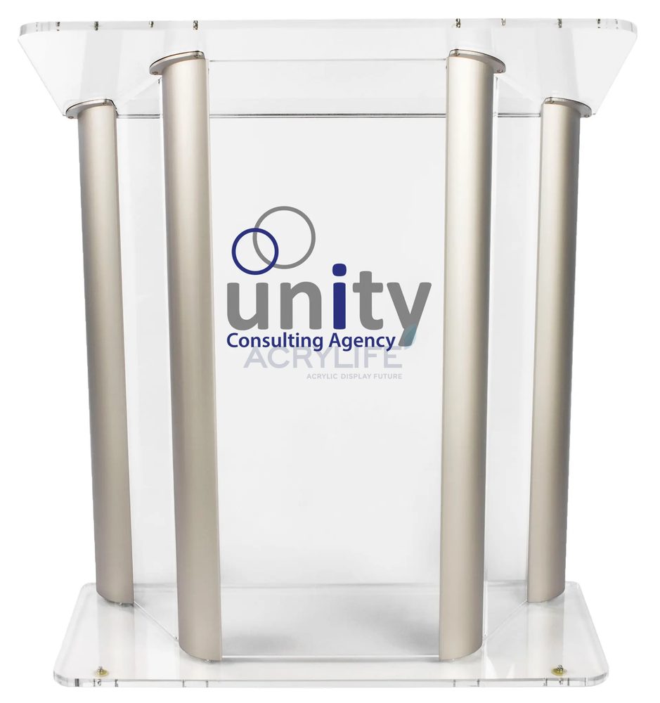 Bục phát biểu mica Acrylife – khung nhôm bạc, in logo 2 màu tùy chỉnh