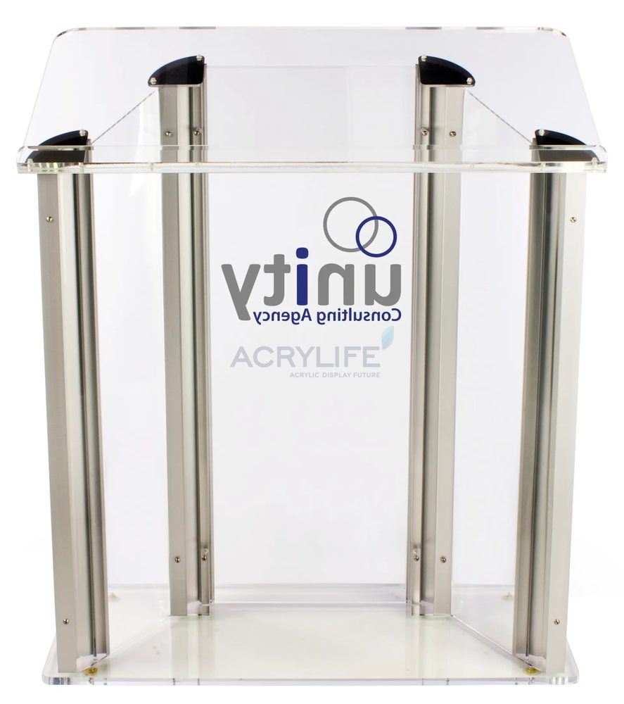 Bục phát biểu mica Acrylife – khung nhôm bạc, in logo 2 màu tùy chỉnh ảnh 2