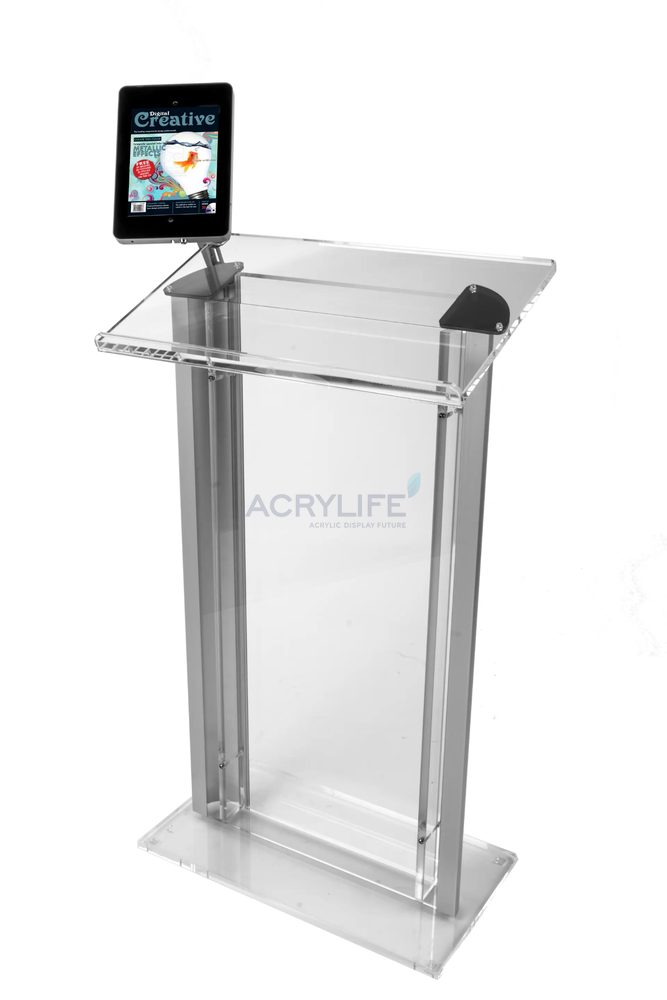Bục phát biểu mica Acrylife trong suốt – kẹp giữ iPad, khung bạc