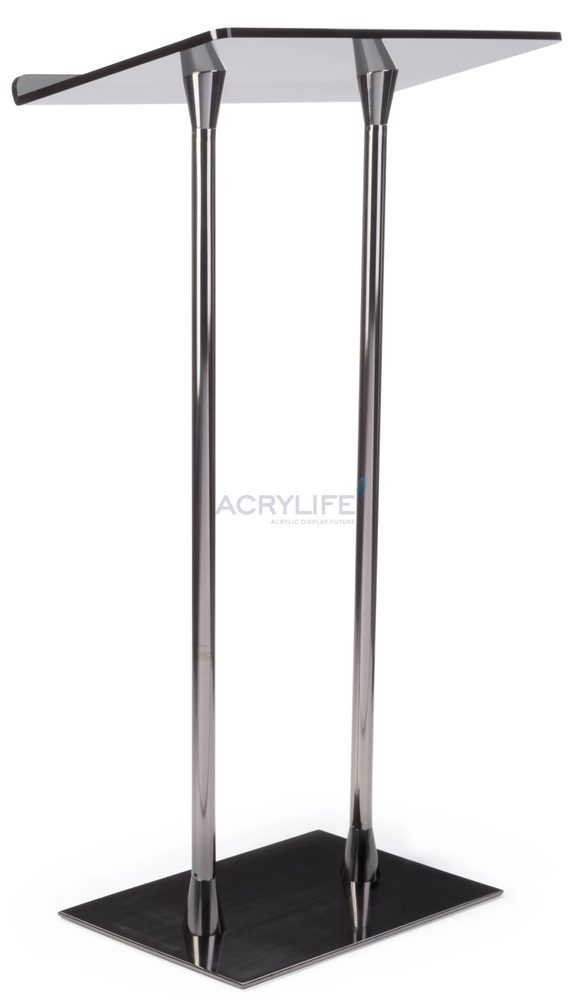 Bục phát biểu mica Acrylife trụ thép, mặt đọc màu xám khói