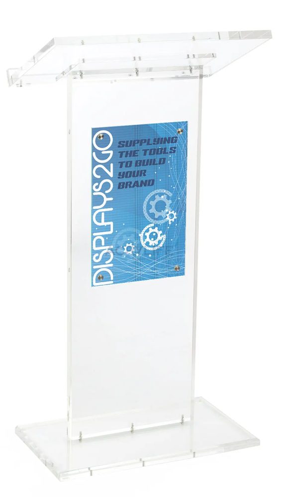 Bục phát biểu mica Acrylife trong suốt – khung gắn bảng in &amp; ốc vít bạc