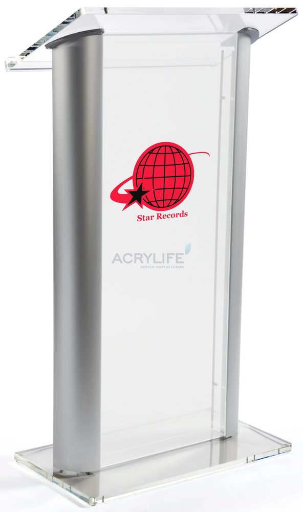 Bục phát biểu mica Acrylife – mặt trước mica mờ, in logo đa màu
